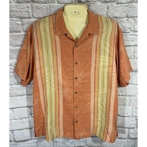 TOMMY BAHAMA SHIRT Mens Sz XL ORANGE 100% SILK Woven Stripes Tropical Camp Shirt